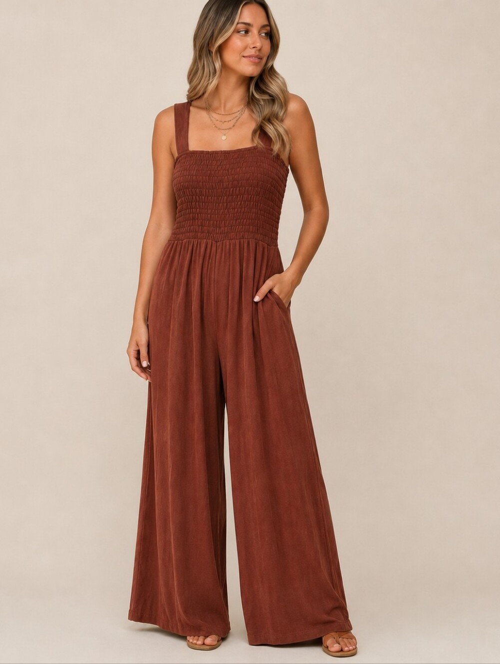 Smocked Wide Leg Jumpsuit Brown Women's Large Boho Summer Romper Earthy Tones
